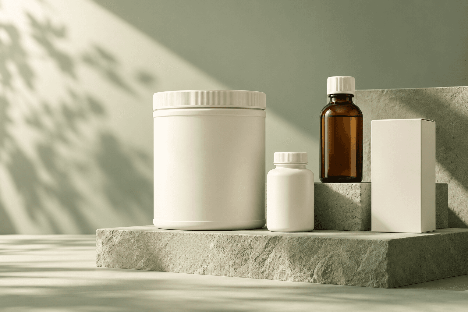 Illustrative pharmaceutical and nutritional packaging arranged on pale green plinths